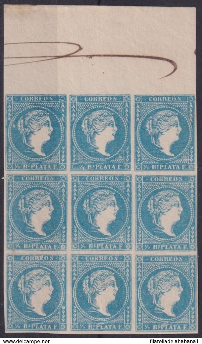 1857-378 CUBA SPAIN ISABEL II 1857 POSTAL FORGERY CORNER BLOCK OF 9. - Prefilatelia