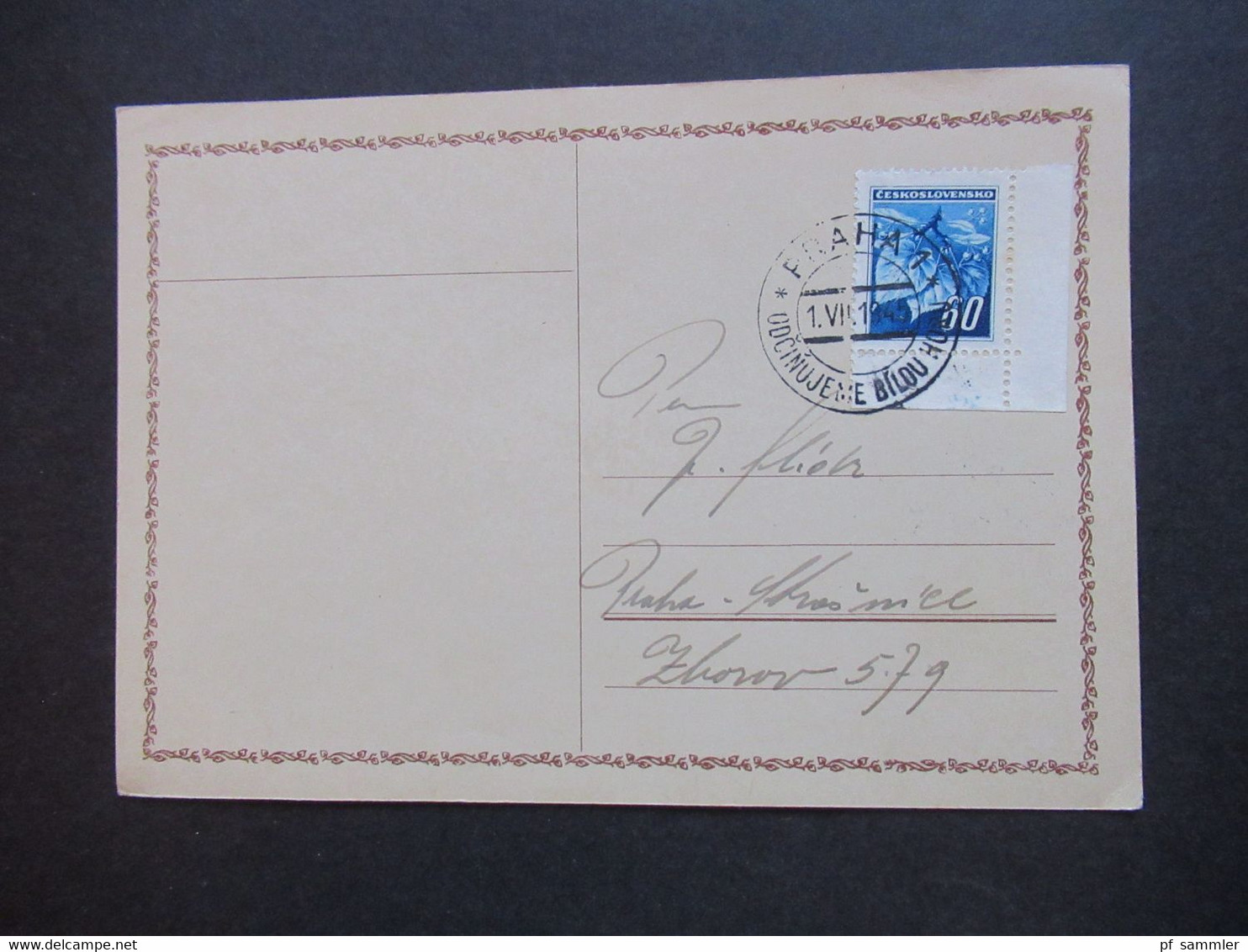 CSSR 1945 Freimarken Lindenzweig Nr.427 Als Eckrandstück Unten Rechts Mit Stempel Praha 1 Vom 1.7.1945 + 2. Postkarte - Covers & Documents