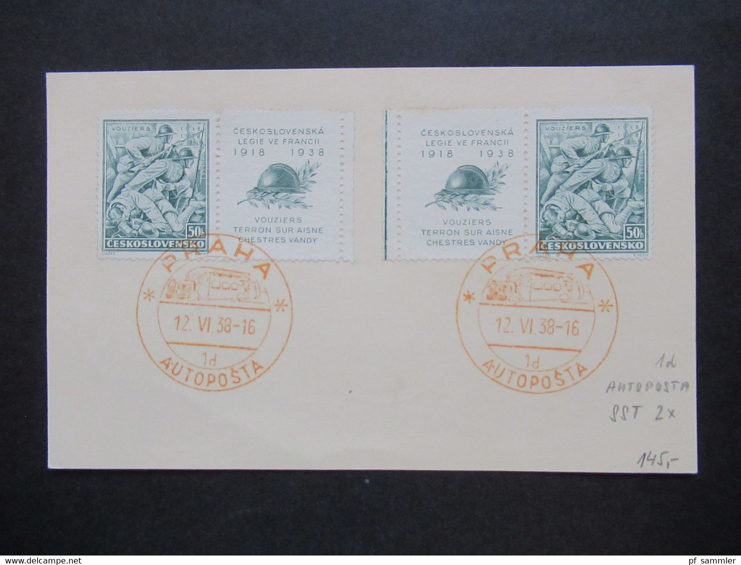 CSSR 1938 Kämpfe Bei Vouziers Nr.393 Mit Zierfeld 3x SST Orange Autoposta Praha 12.6.1938 Kennbuchstabe 1d - Covers & Documents