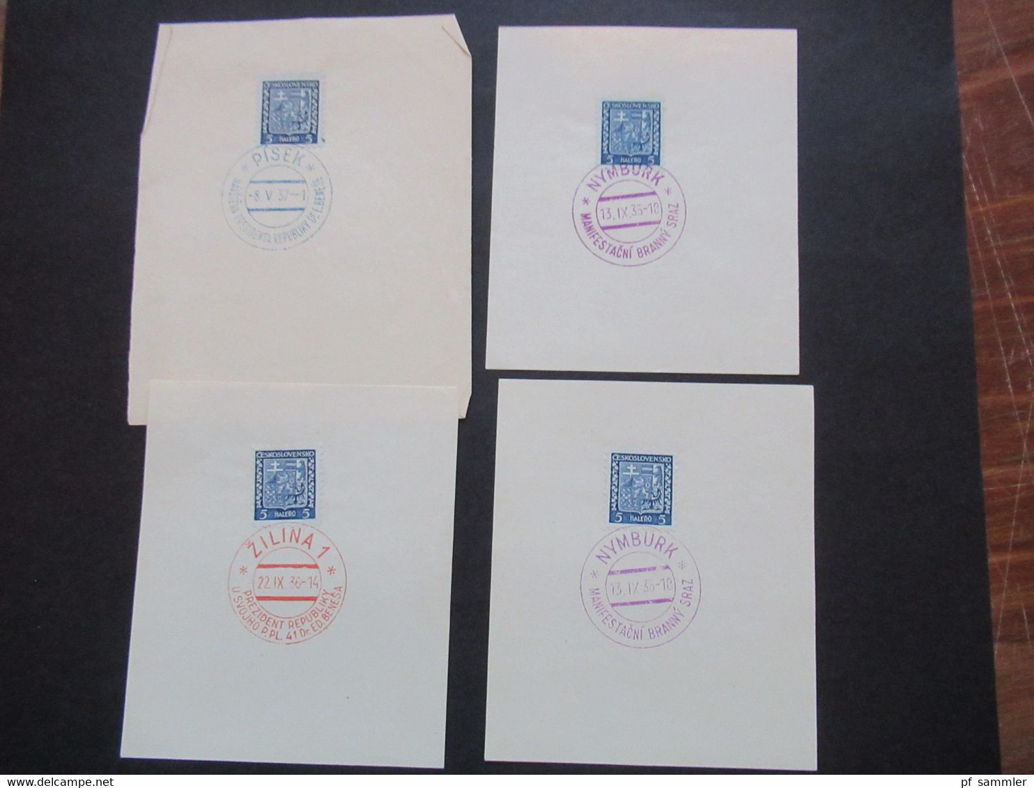 CSSR 1936 / 37 Staatswappen Nr.277 Blanko Zettel Mit SST 1x In Blau Pisek, 2x Violett Nymburk Und 1x Orange Zilina - Covers & Documents