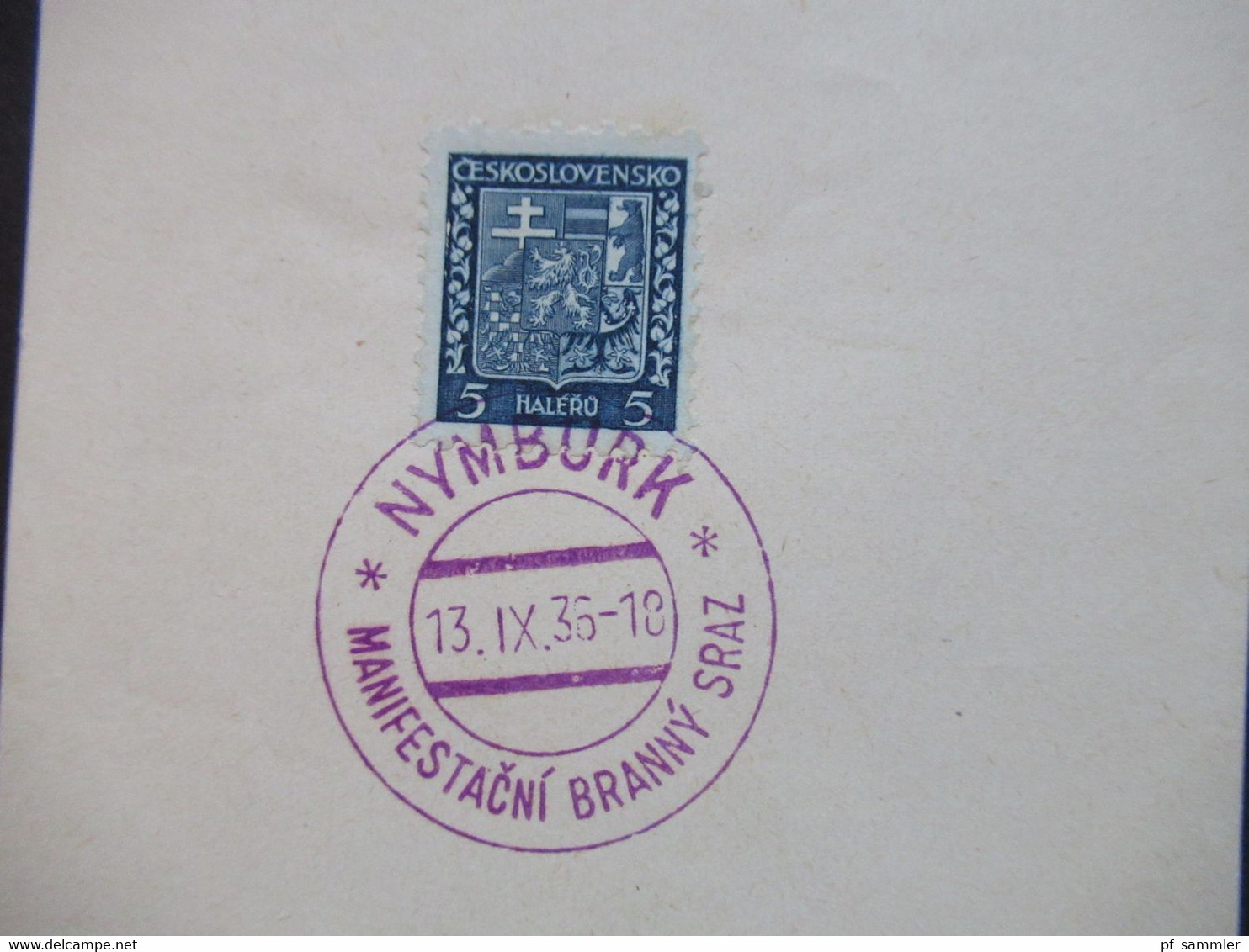 CSSR 1936 / 37 Staatswappen Nr.277 Blanko Zettel mit SST 1x in blau Pisek, 2x violett Nymburk und 1x orange Zilina
