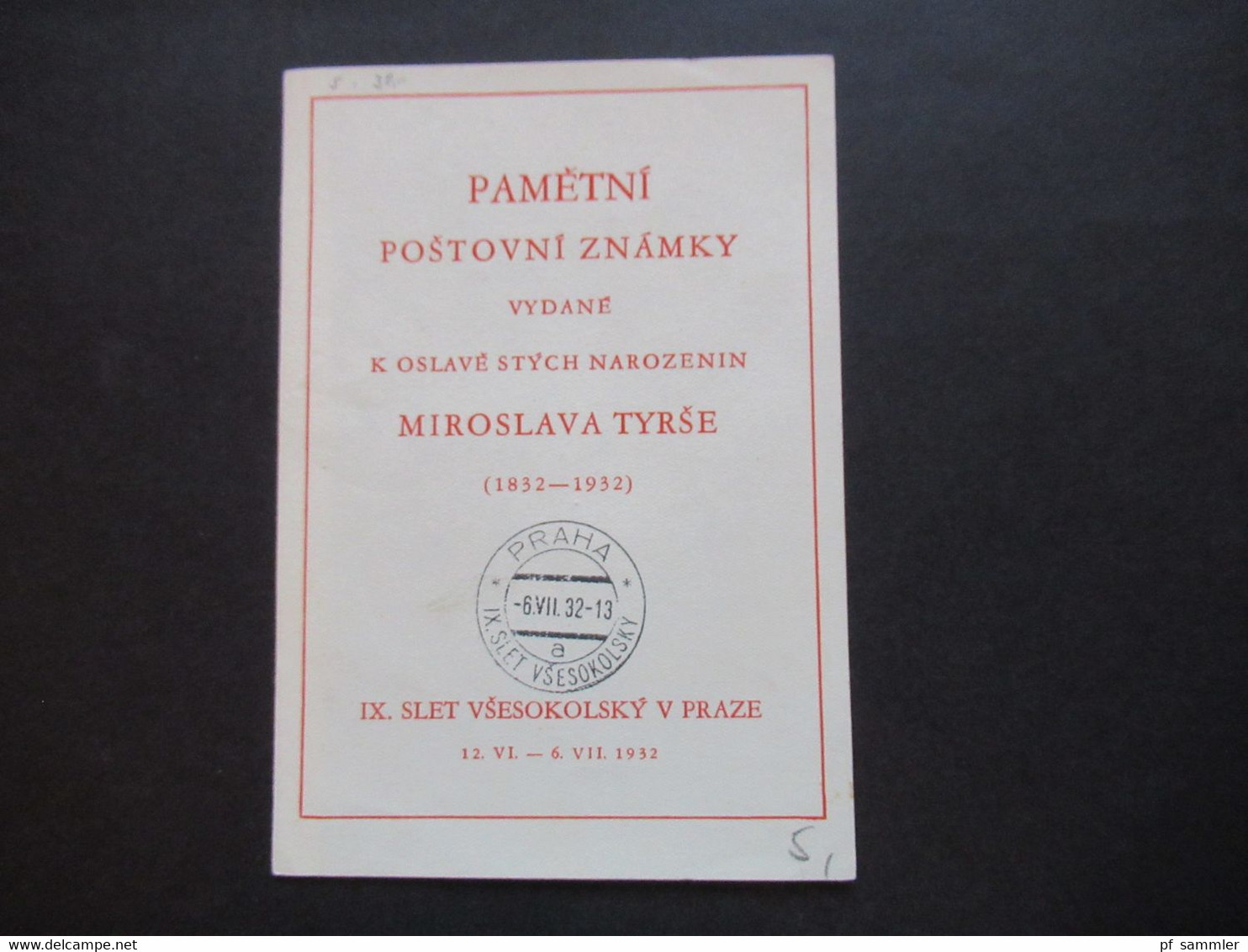 CSSR 1932 Sonderblatt Miroslava Tyrse 1832 - 1932 SST Praha IX. Slet Vsesokolsky - Brieven En Documenten