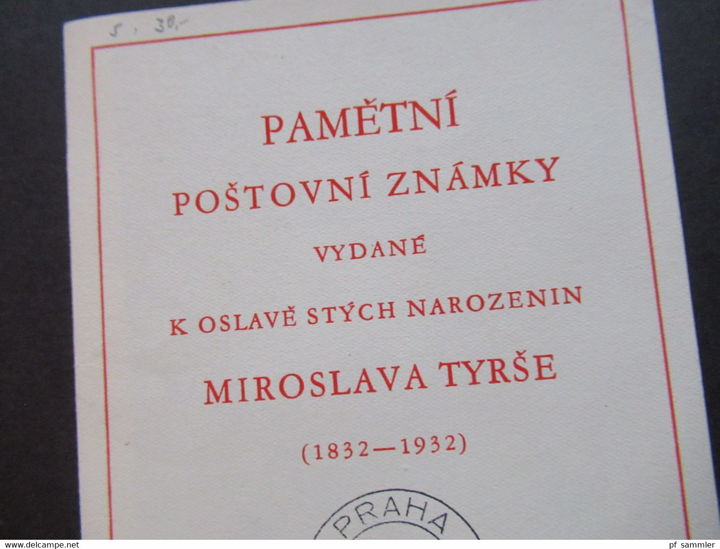 CSSR 1932 Sonderblatt Miroslava Tyrse 1832 - 1932 SST Praha IX. Slet Vsesokolsky - Cartas & Documentos