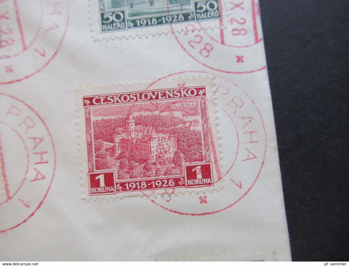 CSSR 1930 10 Jahre Republik Nr.267 / 276 teilweise Randstücke blanko Beleg / FDC ?!? mit rotem Sonderstempel Praha 1