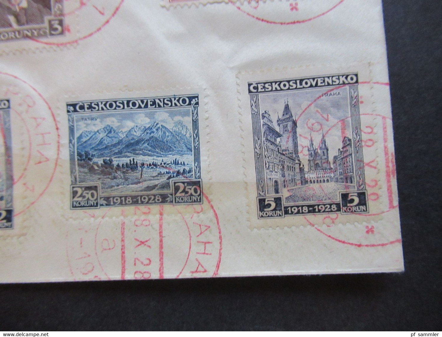 CSSR 1930 10 Jahre Republik Nr.267 / 276 teilweise Randstücke blanko Beleg / FDC ?!? mit rotem Sonderstempel Praha 1