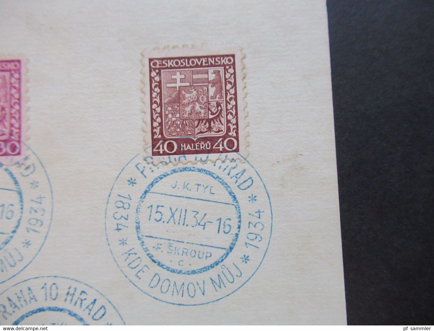 CSSR 1934 Staatswappen 3 Werte Mit 5x SST / Sonderstempel In Blau Praha 10 Hrad Kde Domov Muj  F. Skroup C - Briefe U. Dokumente