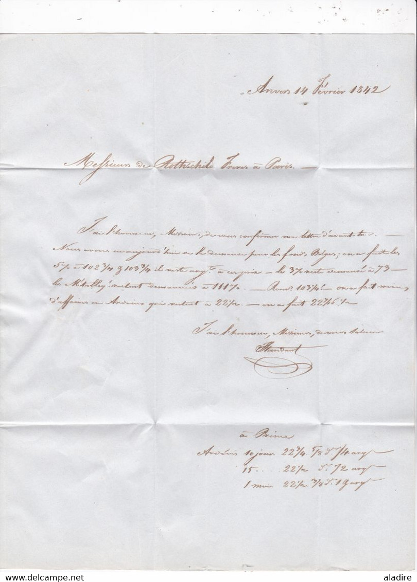1842 - Lettre pliée avec correspondance d'Anvers Antwerpen vers Paris, France - B4R - taxe 10 - Rotschild