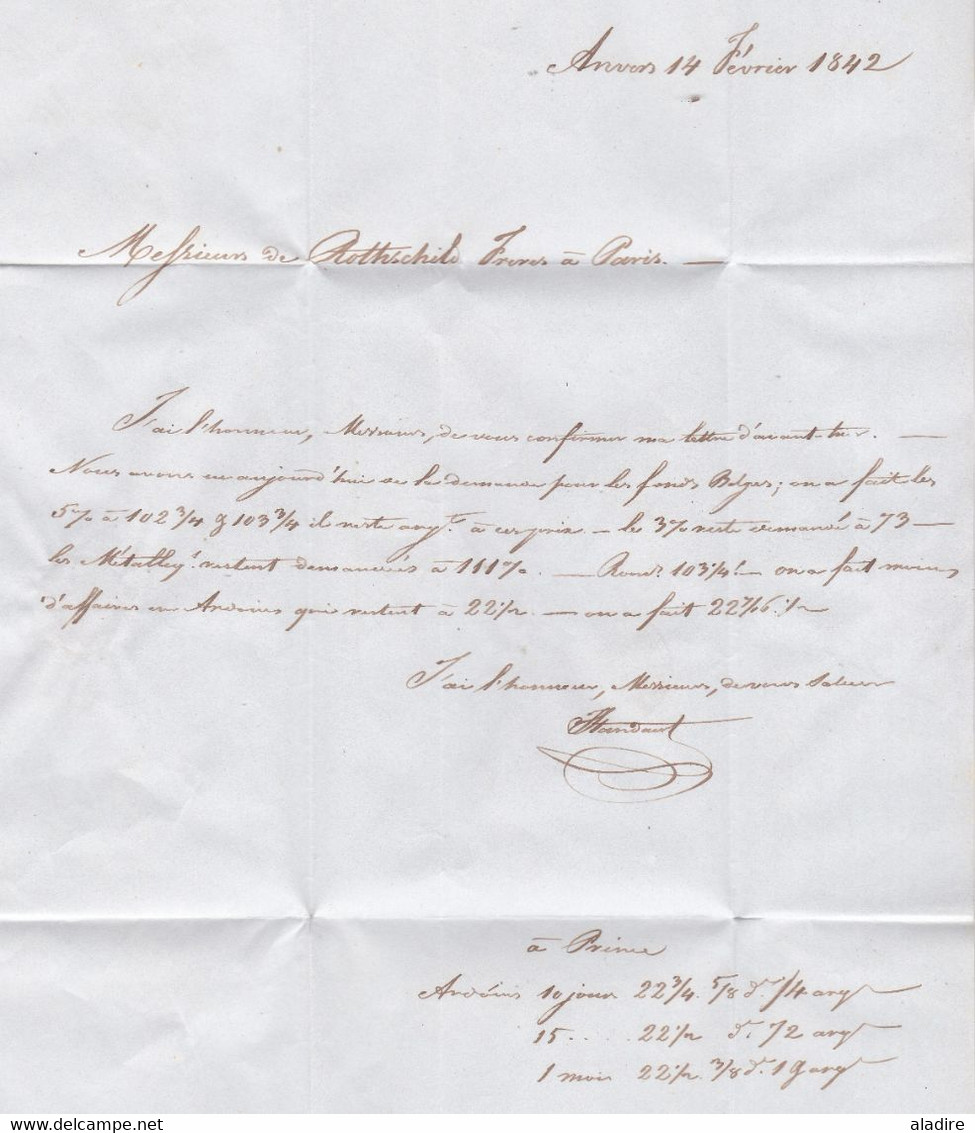 1842 - Lettre pliée avec correspondance d'Anvers Antwerpen vers Paris, France - B4R - taxe 10 - Rotschild