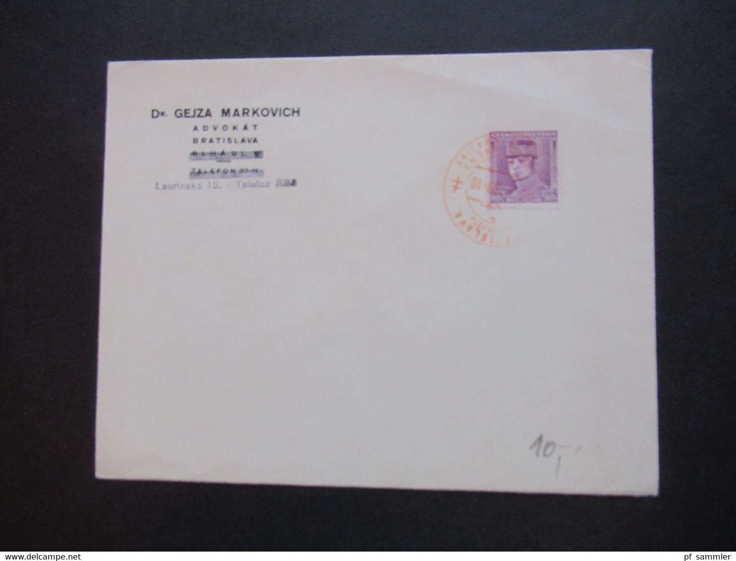 CSSR 1935 Nr.349 SST / Sonderstempel In Ornage Bratislava Umschlag Dr. Gejza Markovich Advokat Bratislava - Covers & Documents