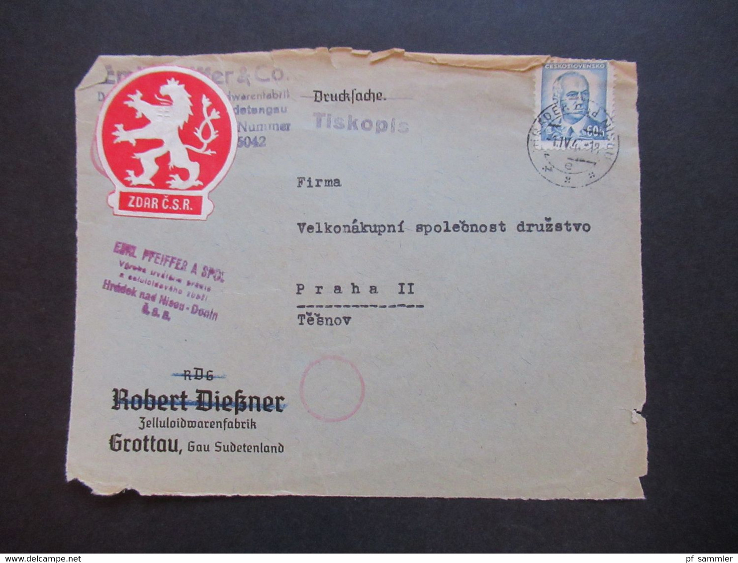 Sudetenland 1945 Aufkleber Zdar C.S.R. Vorderseite / Briefstück Grottau Gau Sudetenland - Briefe U. Dokumente
