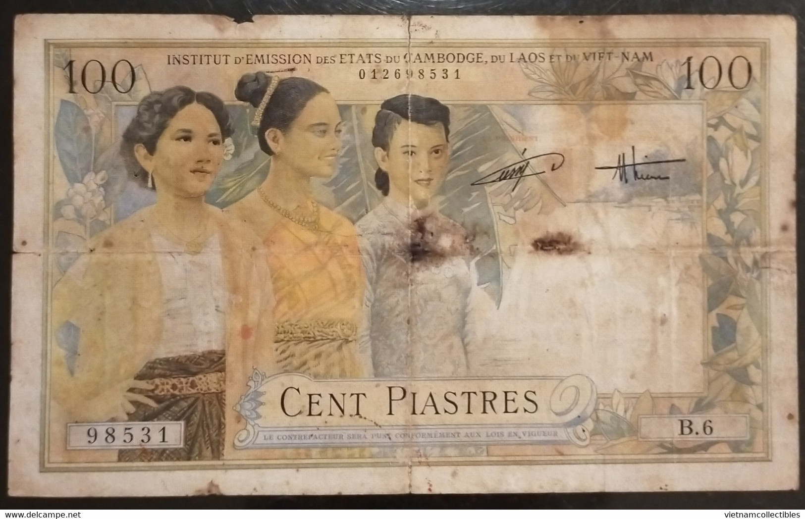 Indochina Indochine Vietnam Viet Nam Laos Cambodia 100 Piastres VF Banknote Note / Billet 1953 - Pick # 108 / 2 Photos - Indochine