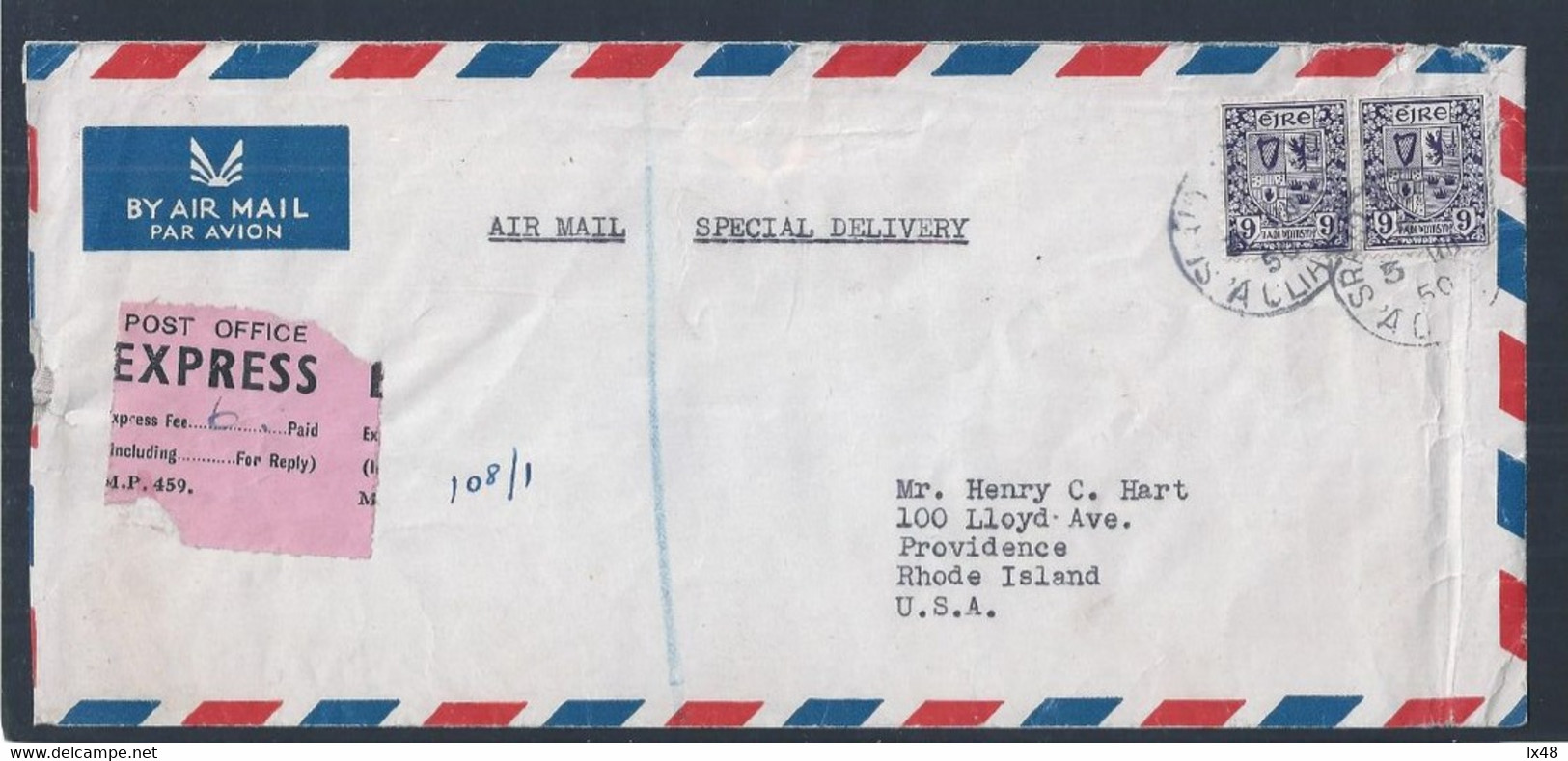 Letter From Ireland With Additional Express To USA In 1950. Harp. Music. Brief Uit Ierland Met Extra Expres. Harfe Musik - Brieven En Documenten