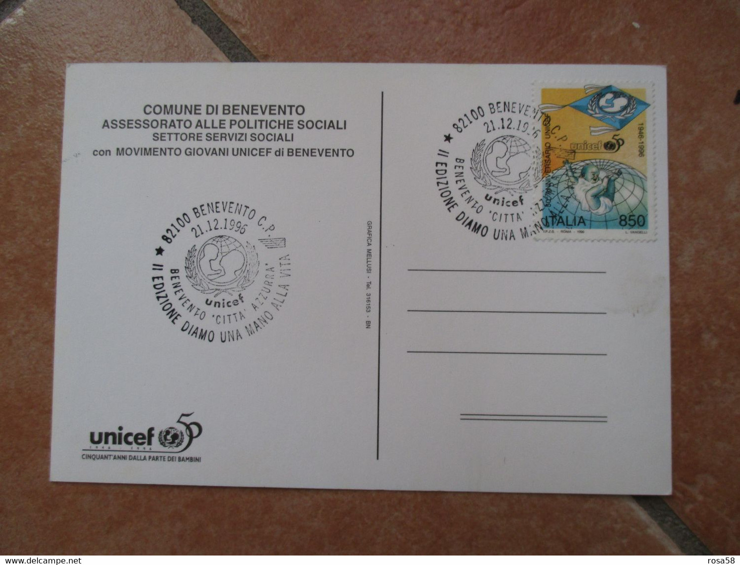 21.12.1996 UNICEF Benevento Città Azzurra DIAMO UNA MANO Alla VITA Annullo Su Cart.Uff.le - 1991-00: Storia Postale