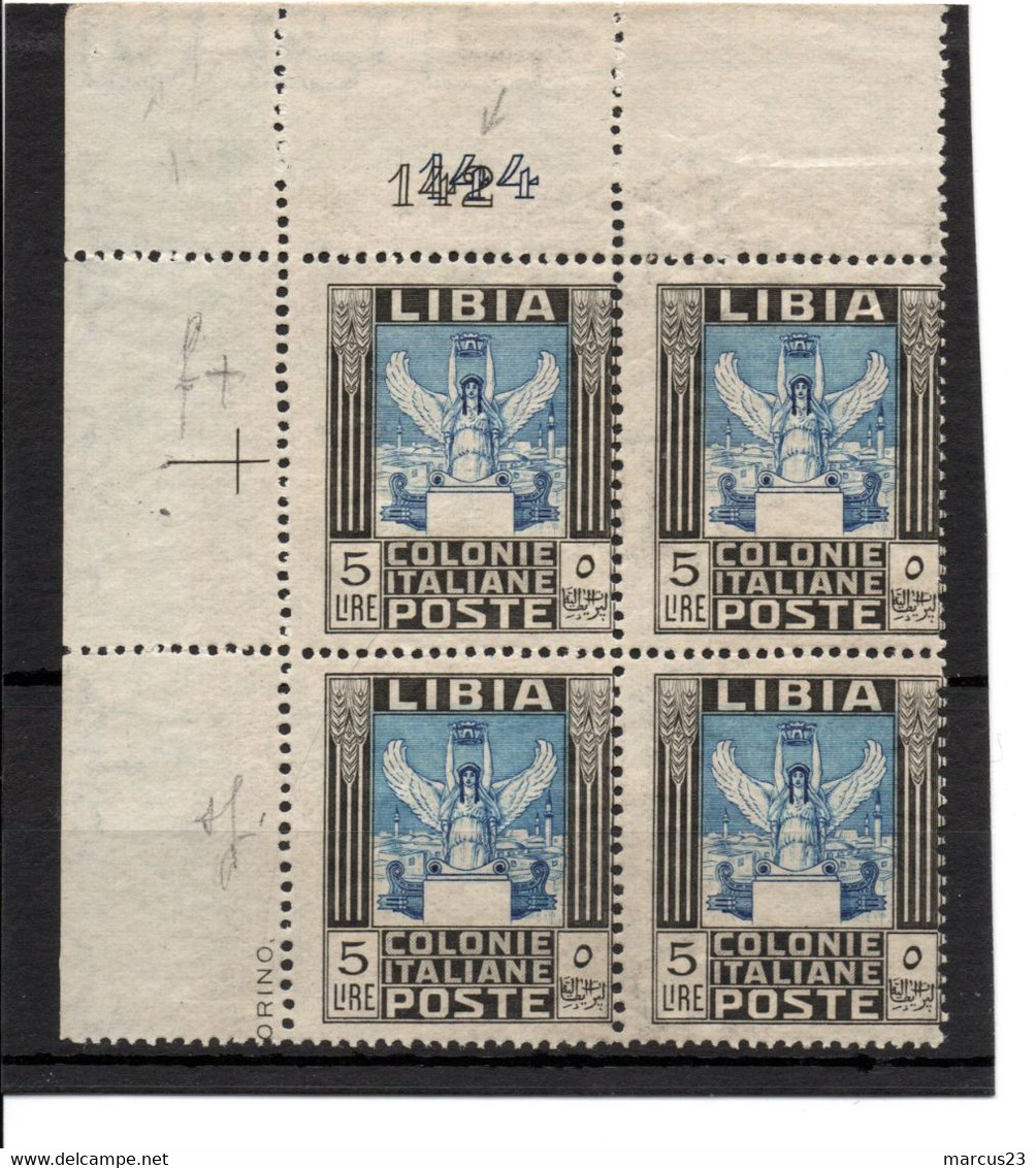 1921 LIBIA QUARTINA 5L MNH TRIPLA VARIETA DOPPIO NR DI TAVOLA - FILAGR - DENT 13/3/4- 14 1/4 - Libia