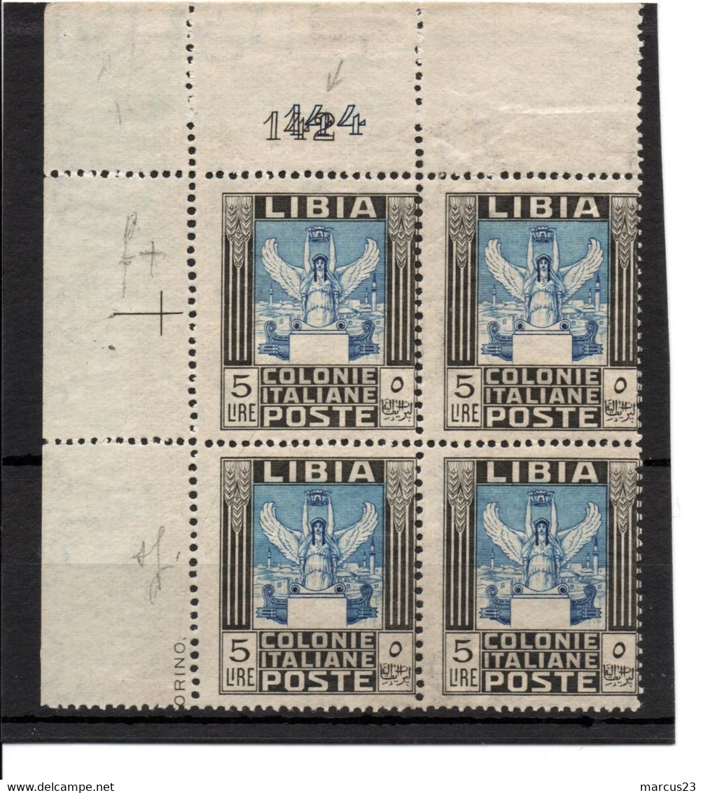 1921 LIBIA QUARTINA 5L MNH TRIPLA VARIETA DOPPIO NR DI TAVOLA - FILAGR - DENT 13/3/4- 14 1/4 - Libyen