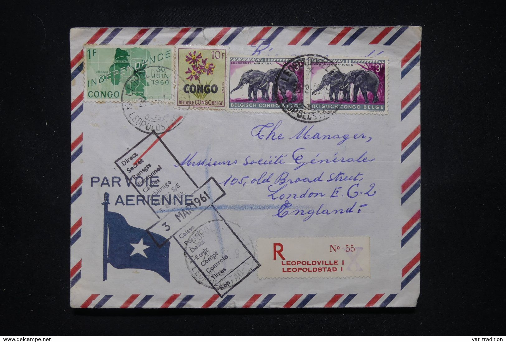 CONGO - Enveloppe En Recommandé De Léopoldville Pour Londres En 1961, Affranchissement Varié - L 110707 - Other & Unclassified