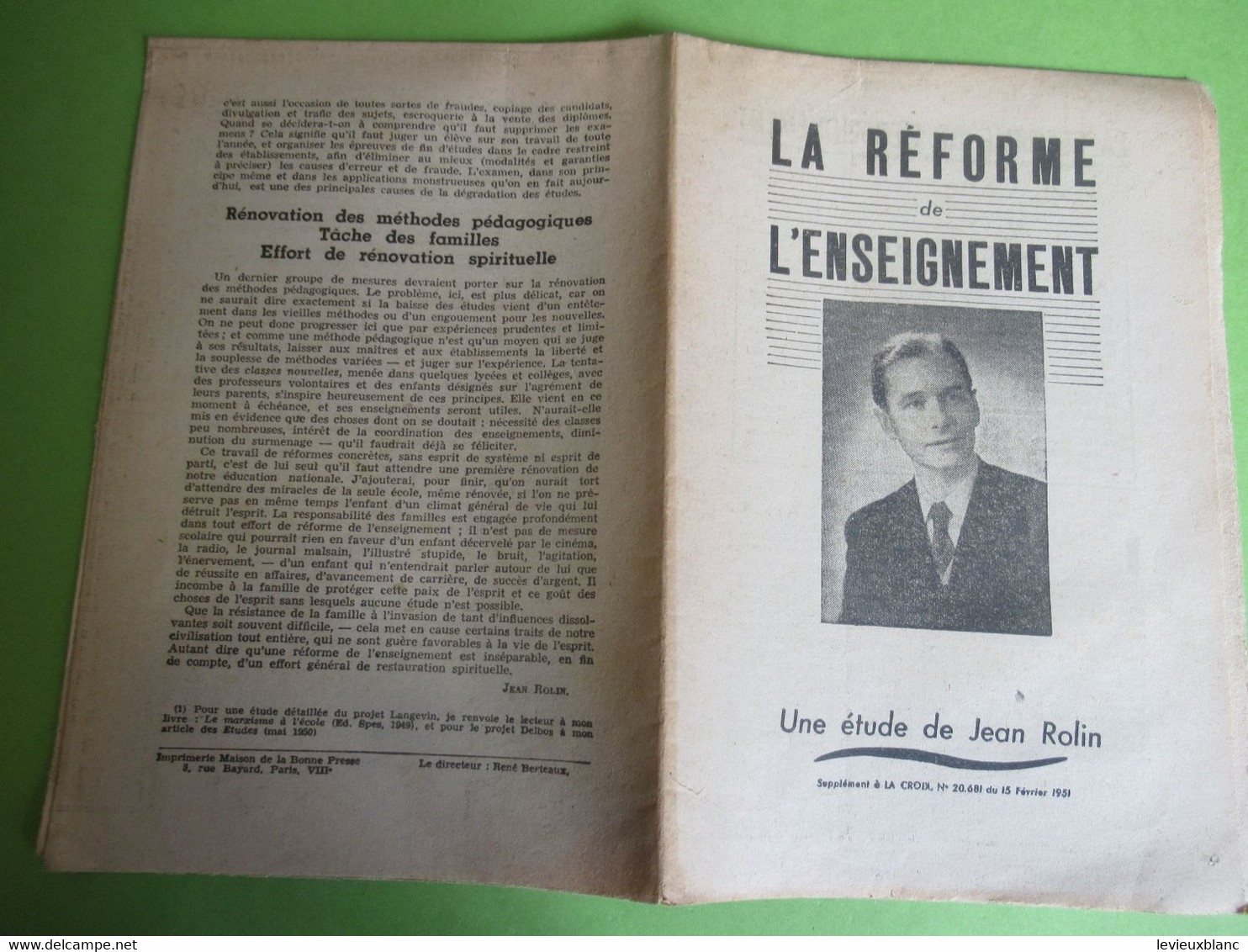Fascicule/La Réforme De L'Enseignement/Une étude De Jean ROLIN/Supplément à "La CROIX"/1951       CAN860 - Religion & Esotericism