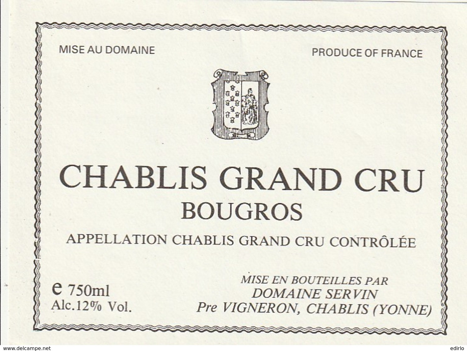 *** ETIQUETTES  ***- Appellation CHABLIS GRAND CRU BOUGROS  Domaine Servin - Weisswein