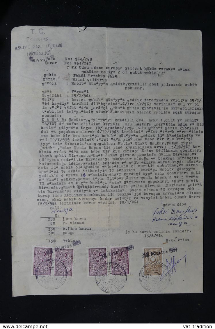 TURQUIE - Fiscaux Recto Et Verso Sur Document En 1964 - L 110717 - Storia Postale