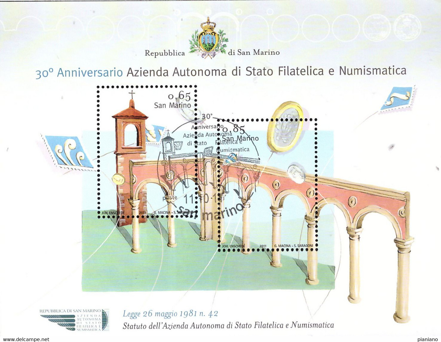 PIA - SAN  MARINO. - 2011 : 30° Dell'Azienda Autonoma Filatelica Numismatica Di San Marino  - (SAS  Bf 108) - Used Stamps