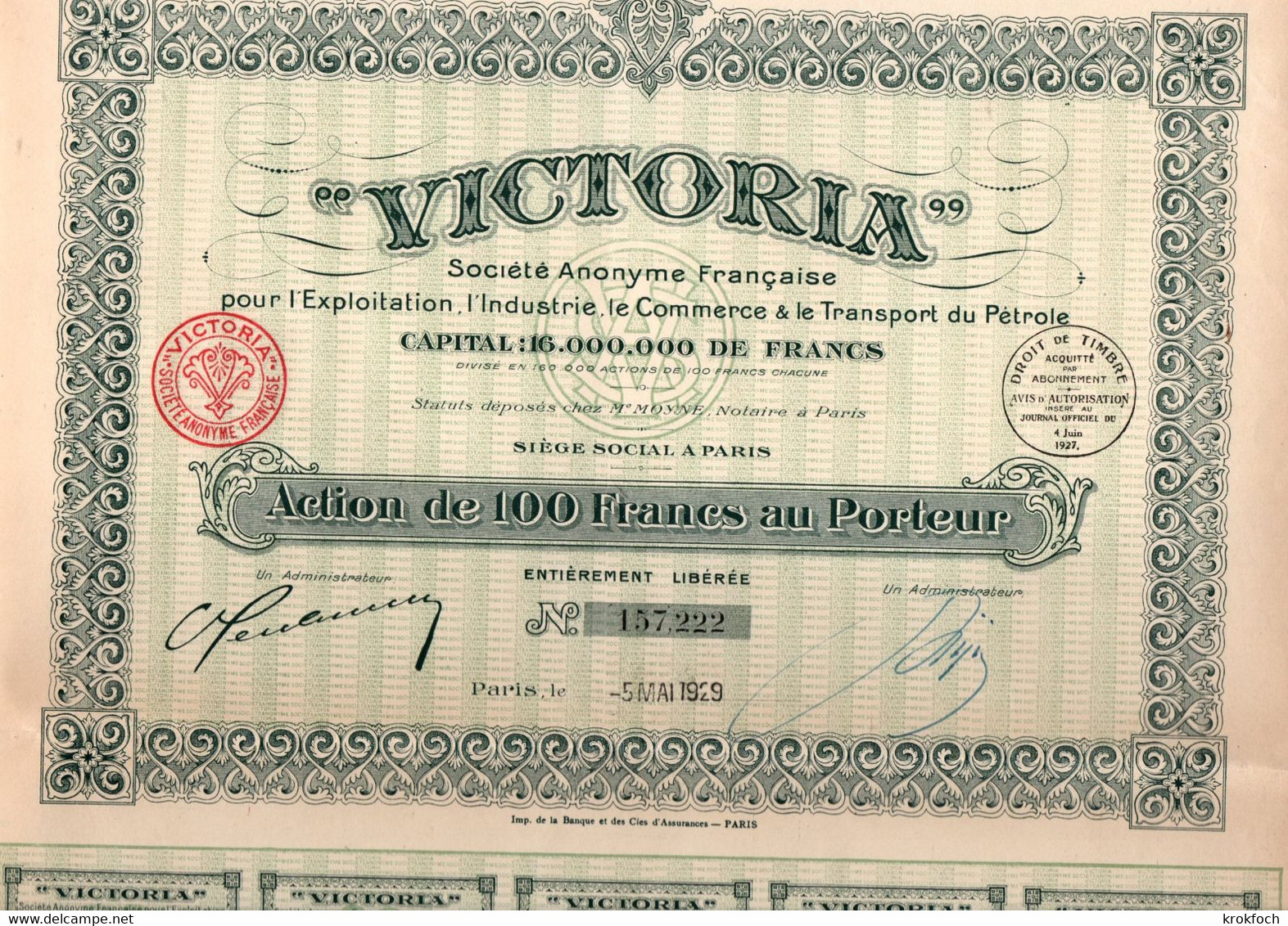 Victoria - Société Française Pour Exploitation, Commerce Et Transport Du Pétrole - Action 1929 Avec 27 Coupons - Oil - S - V