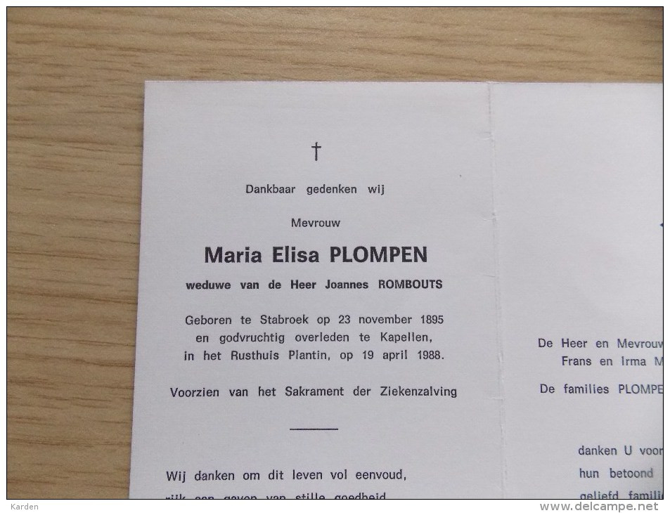 Doodsprentje Maria Elisa Plompen Stabroek 23/11/1895 Kapellen 19/4/1988 ( Joannes Rombouts ) - Religion & Esotericism