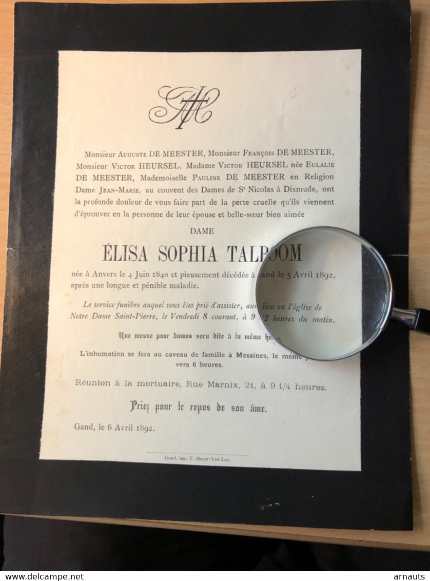 Elisa Sophia Talboom *1840 Anvers +1892 Gand Messines De Meester Heursel Au Couvent St Nicolas Diksmuide - Avvisi Di Necrologio