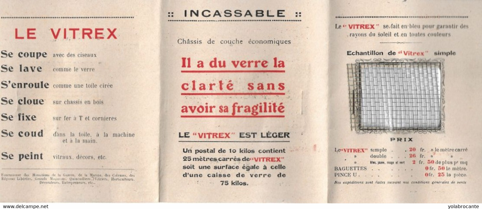 Publicité Ancienne "le Vitrex" Remplace Le Verre , Vers 1920.  Dépliant Avec échantillon - Publicités