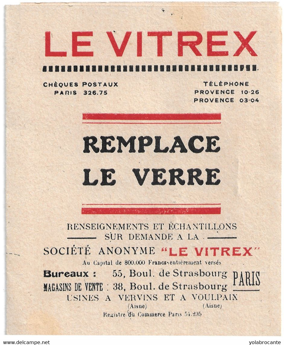 Publicité Ancienne "le Vitrex" Remplace Le Verre , Vers 1920.  Dépliant Avec échantillon - Publicités