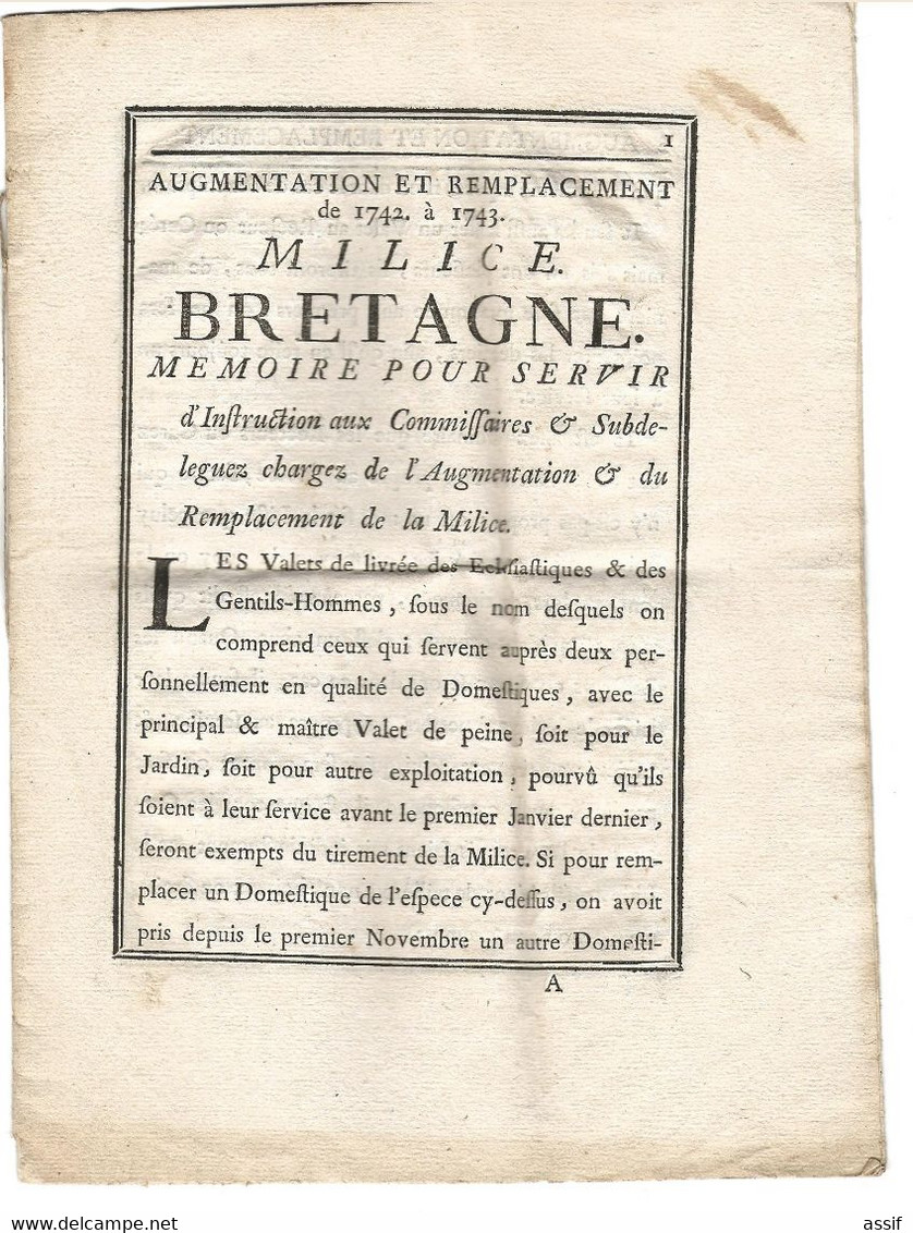 Bretagne Milice Augmentation Et Remplacement De 1742 à 1743  Imprimé 8 P. 26 X 19 Cm - Documents Historiques