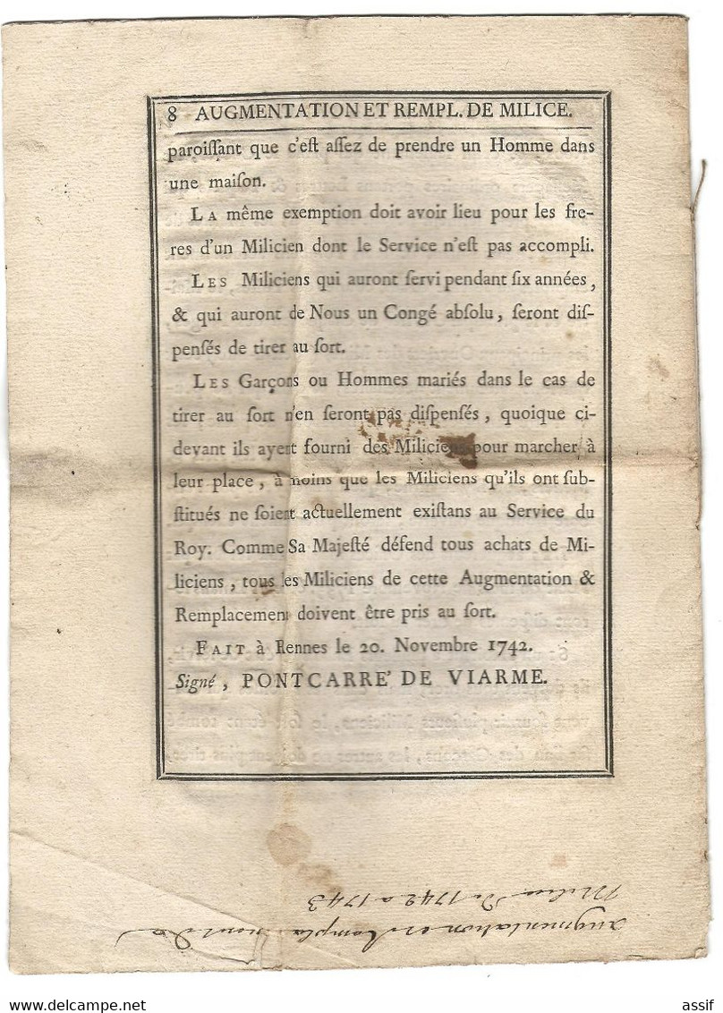 Bretagne Milice Augmentation Et Remplacement De 1742 à 1743  Imprimé 8 P. 26 X 19 Cm - Historical Documents