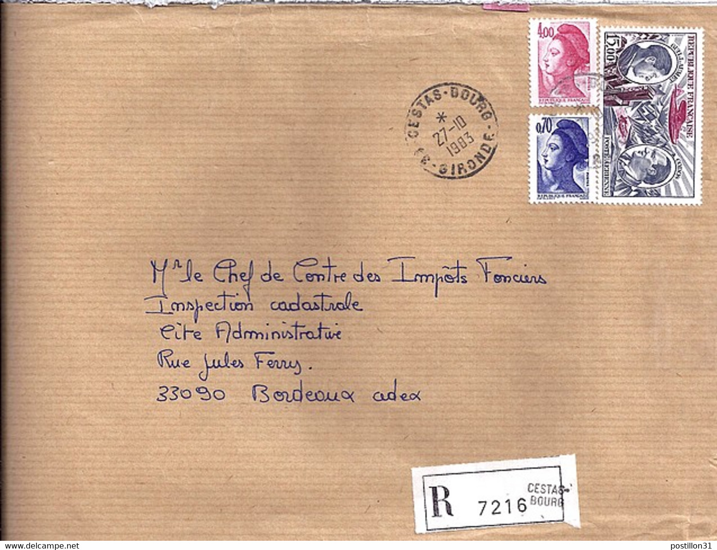 TYPE LIBERTE DE GANDON N° 2244/2240 + COMPL. SUR L. REC DE 33.CESTAS BOURG/27.10.83 - 1982-1990 Liberty Of Gandon