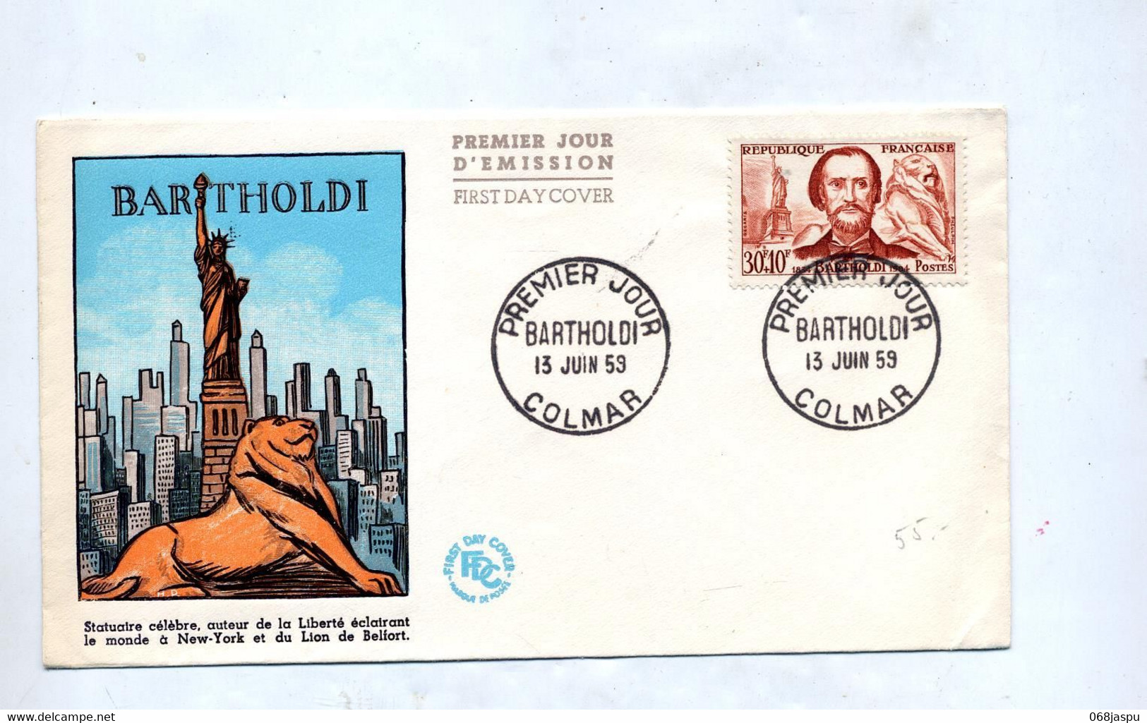 Lettre Fdc 1959 Colmar Bartholdi - 1950-1959