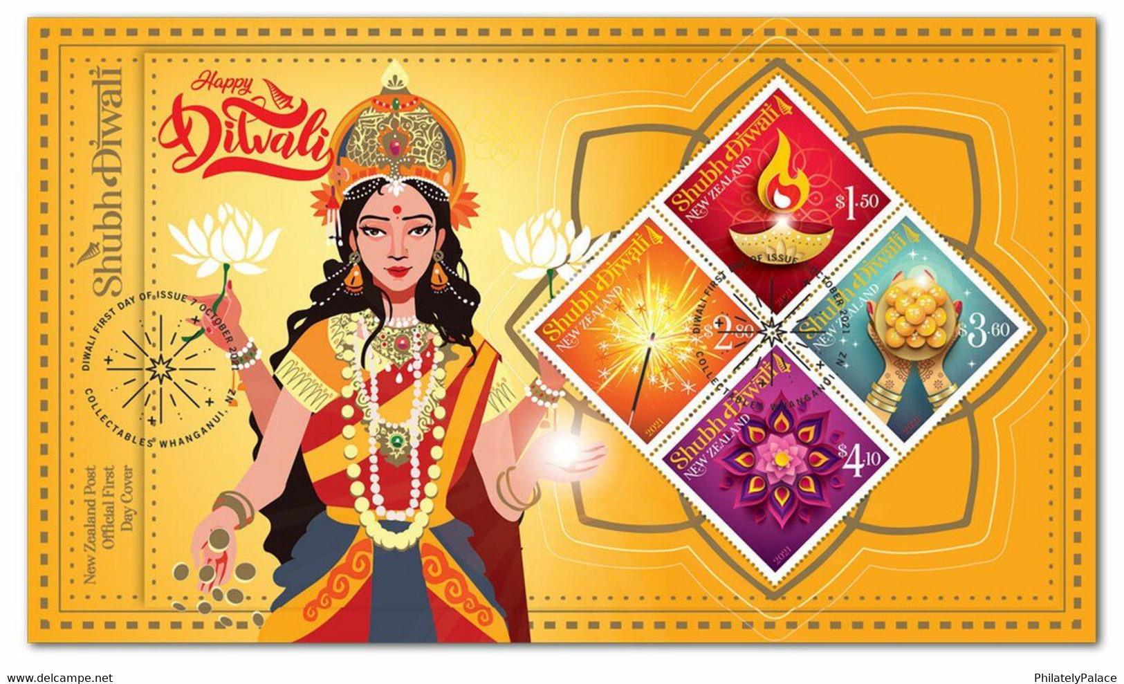 2021 NEW *** New Zealand Shubh Diwali Maa Lakshmi Laxmi , Sweets , Crackers , Diya Miniature Sheet First Day Cover (**) - Cartas & Documentos