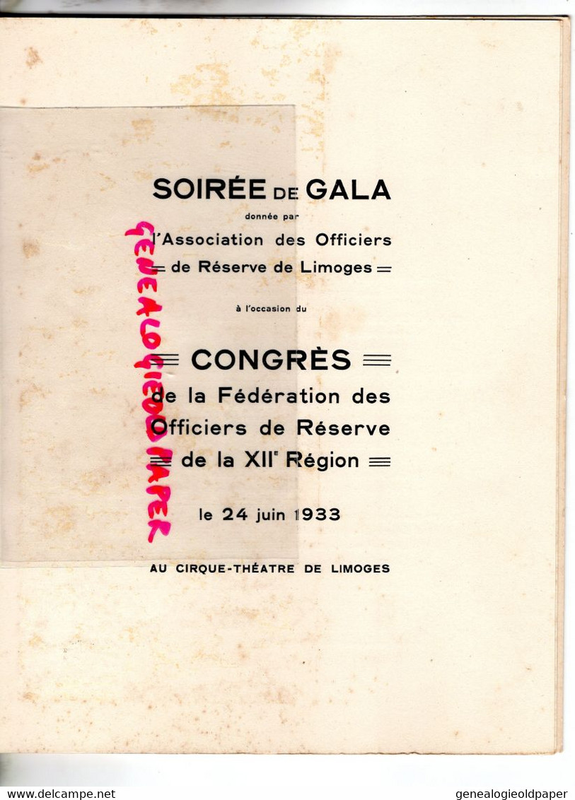 87-LIMOGES-GUERRE PROGRAMME SOIREE GALA OFFICIERS RESERVE -CONGRES XII REGION-1933-CIRQUE THEATRE-SOISSONS PIERRE LISSAC - Historical Documents