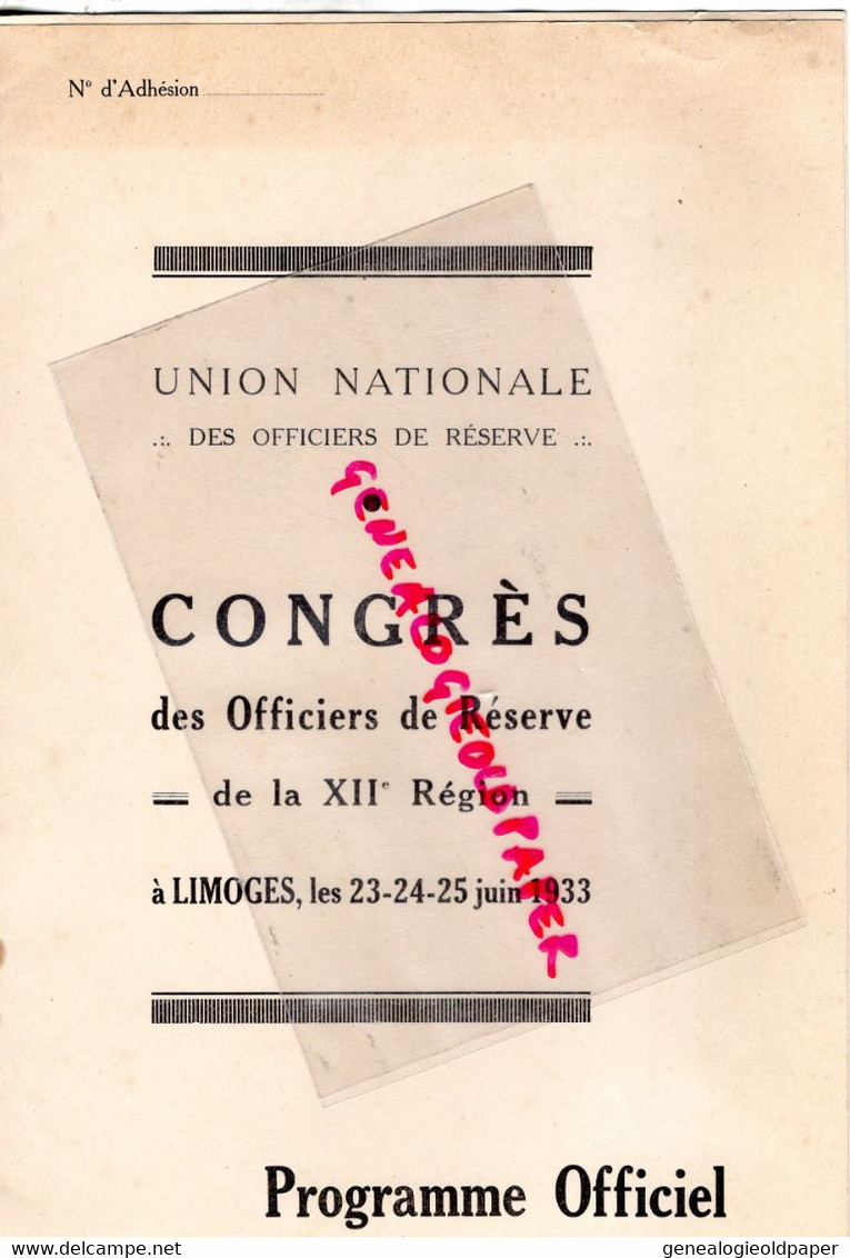 87- LIMOGES-RARE PROGRAMME  1933- GUERRE CONGRES OFFICIERS RESERVE XII REGION -GENERAL DUCHENE-GUERRE-GENERAL LAGRUE - Programs