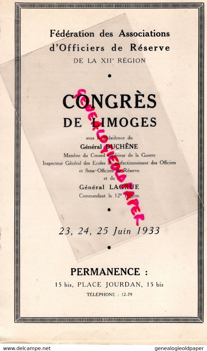 87- LIMOGES-RARE PROGRAMME  1933- GUERRE CONGRES OFFICIERS RESERVE XII REGION -GENERAL DUCHENE-GUERRE-GENERAL LAGRUE - Programma's