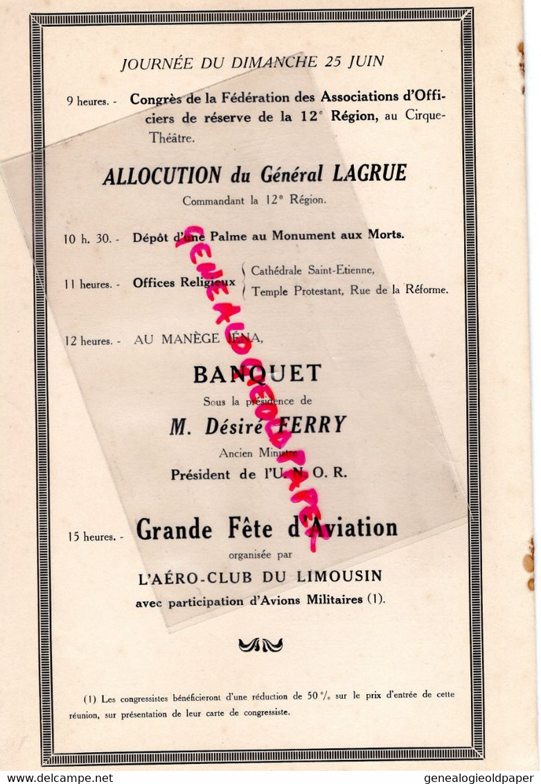 87- LIMOGES-RARE PROGRAMME  1933- GUERRE CONGRES OFFICIERS RESERVE XII REGION -GENERAL DUCHENE-GUERRE-GENERAL LAGRUE - Programs