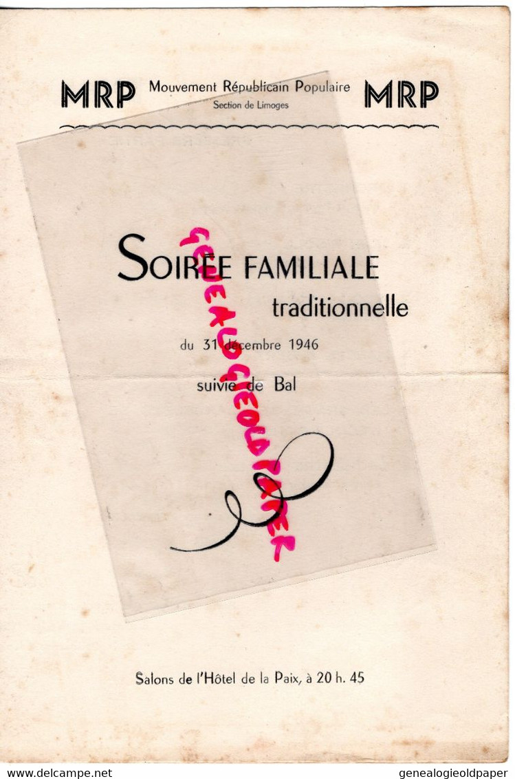 87-LIMOGES-RARE PROGRAMME BAL 1946-MRP MOUVEMENT REPUBLICAIN POPULAIRE-SALON HOTEL LA PAIX -AMIS DARTIGEAS-JAZZ BARON - Programs