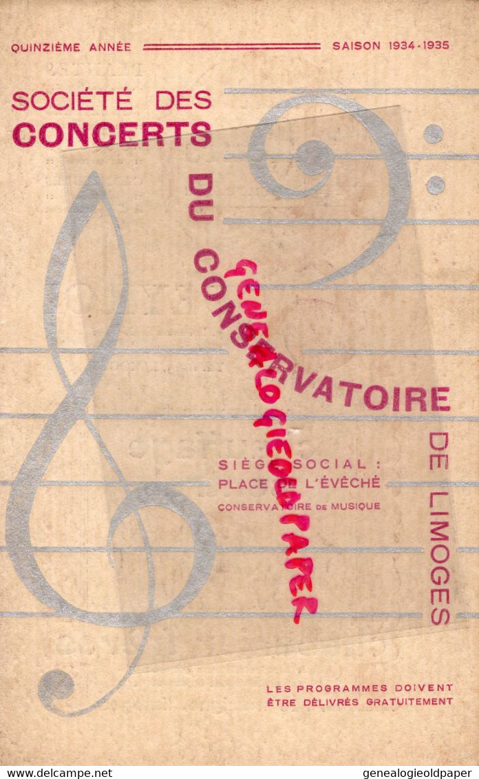 87-LIMOGES- PROGRAMME CONCERTS CONSERVATOIRE-SALLE BERLIOZ-1934-1935-RITTE CIAMPI-AURICE FAURE-DUSSAGNE RENAULT- - Programma's