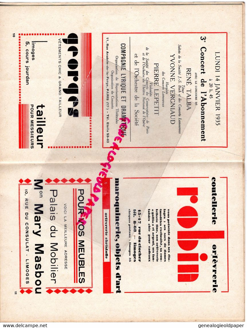 87-LIMOGES- PROGRAMME CONCERTS CONSERVATOIRE-SALLE BERLIOZ-1934-1935-RITTE CIAMPI-AURICE FAURE-DUSSAGNE RENAULT-