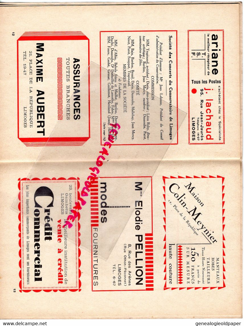 87-LIMOGES- PROGRAMME CONCERTS CONSERVATOIRE-SALLE BERLIOZ-1934-1935-RITTE CIAMPI-AURICE FAURE-DUSSAGNE RENAULT-