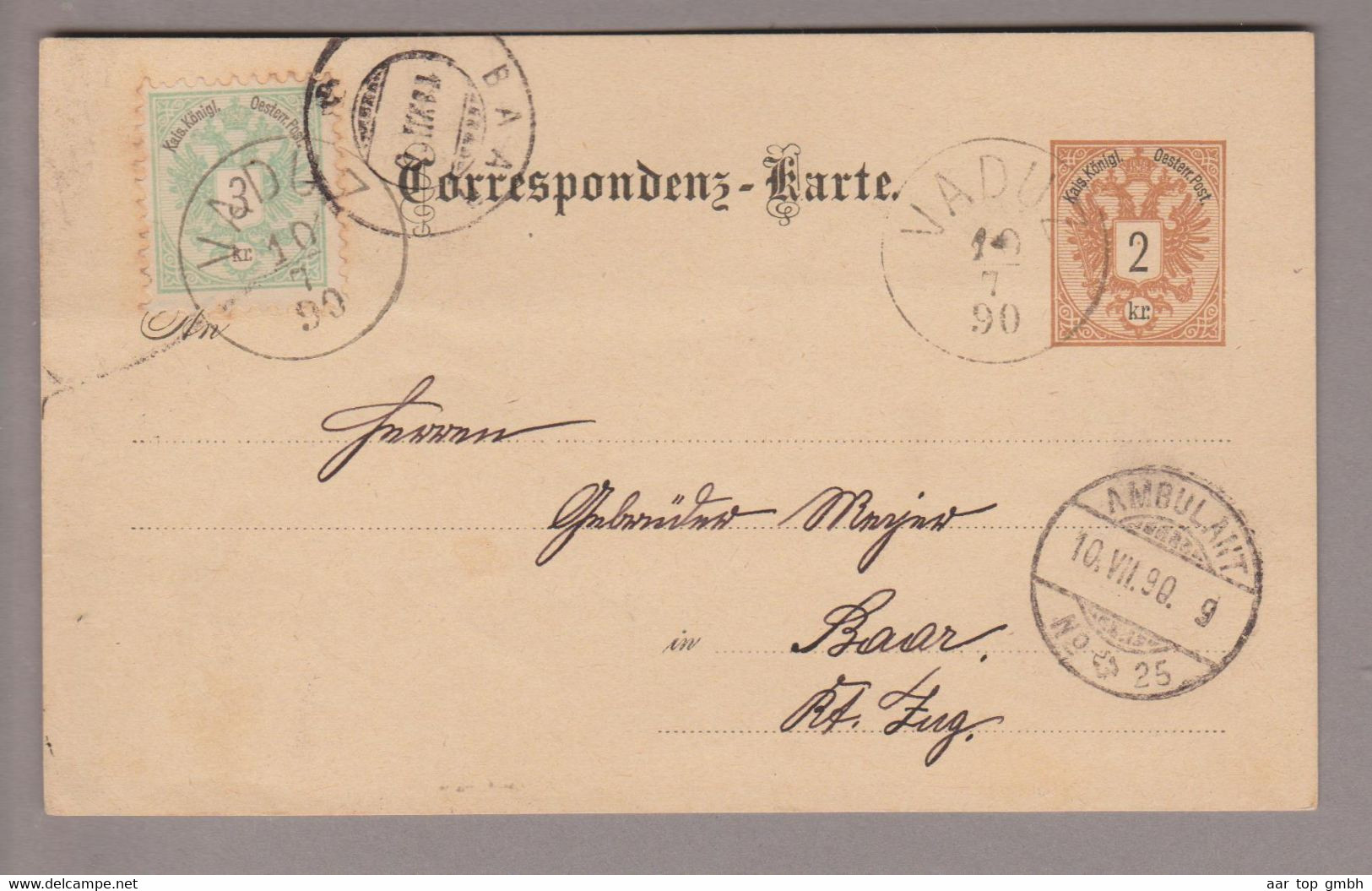 Liechtenstein 1890-07-10 Vaduz Ganzsache AT 2 KR + Marke 3 KR Mi#P43 + Mi#45 Nach Baar ZG - ...-1912 Prephilately