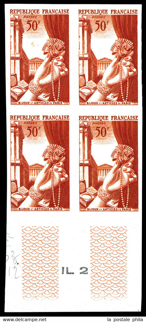 ** N°973A, (N°Maury), Non émis: Joaillerie 50F Carmin-brun Non Dentelé En Bloc De 4 Haut De Feuille, R.R. (certificat)   - Unused Stamps
