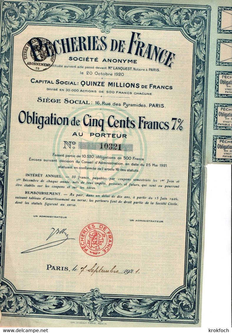 Pêcheries De France - Obligation De 1921 Avec 5 Coupons - Me Lanquest Notaire à Paris - Pêche Poissons - P - R