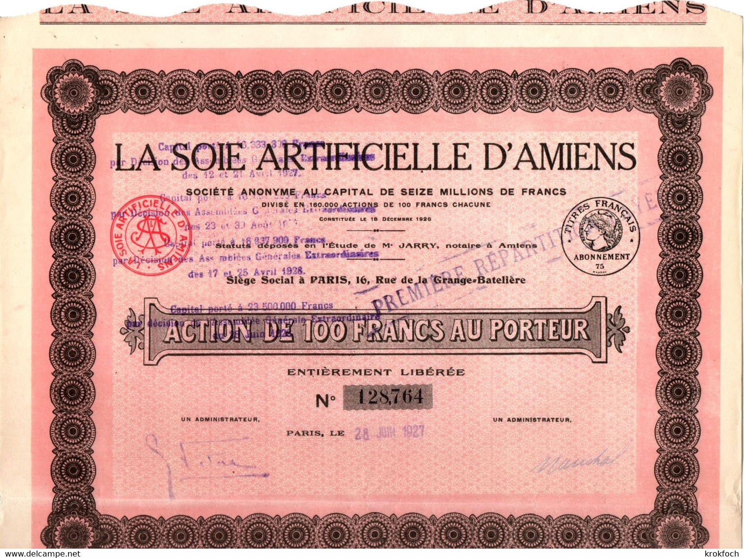 La Soie Artificielle D'Amiens - Action 1927 Avec 23 Coupons - Me Jarry Notaire - S - V