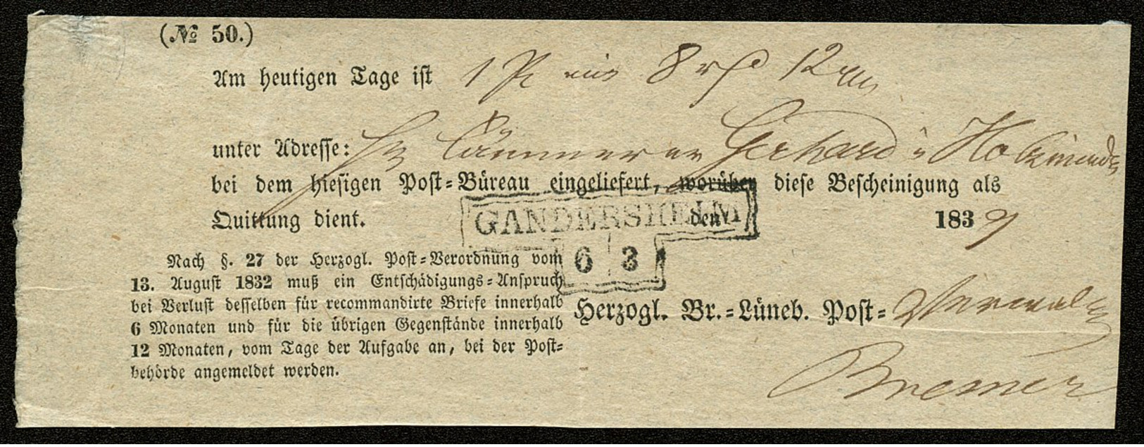 BRAUNSCHWEIG 1839, POSTEINLIEFERUNGSSCHEIN MIT HAMMER-STPL GANDERSHEIM - [Voorlopers