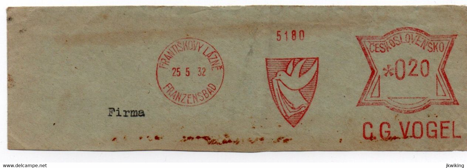 Promotional Postmark G. G. Vogel - Františkovo Lázně Franzensbad - Dove - Bird - - Mechanical Postmarks (Advertisement)