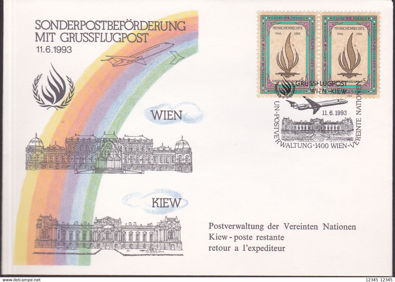 Verenigde Naties Wenen 1993, Grussflugpost Wien-Kiew - Covers & Documents