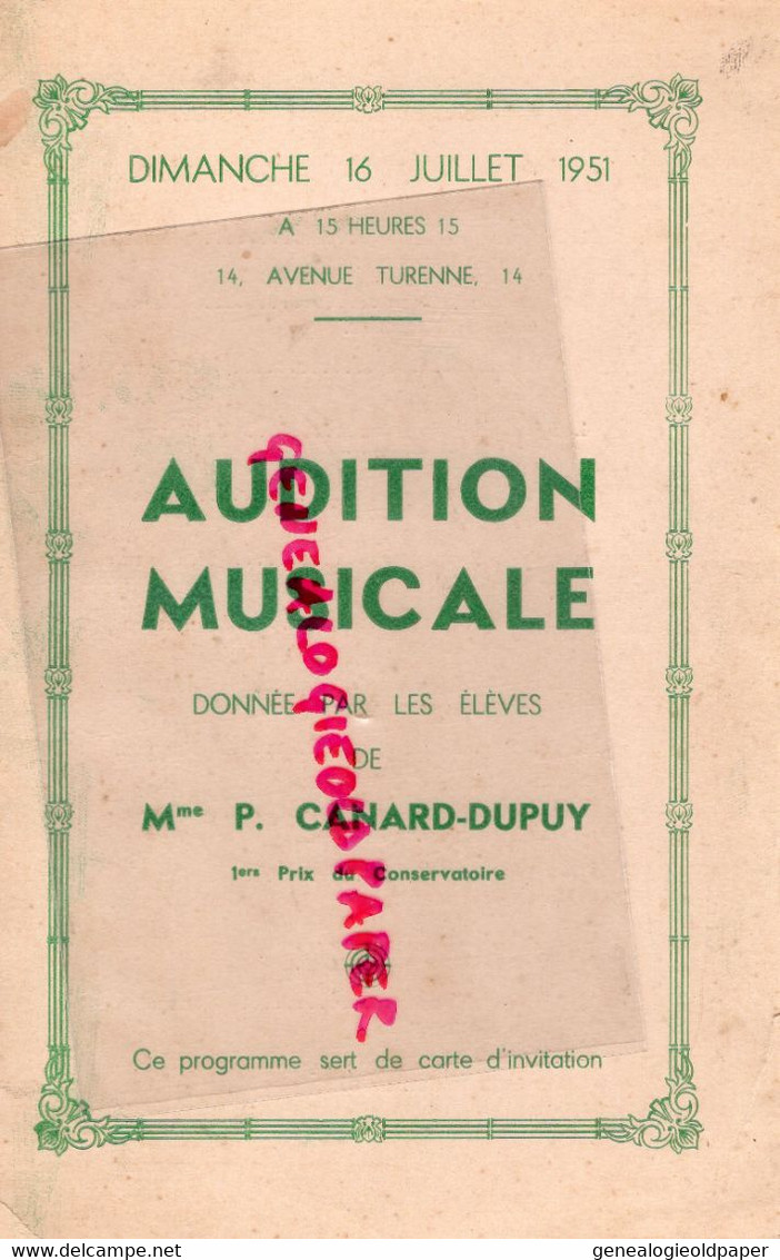 87-LIMOGES- PROGRAMME AUDITION MUSICALE-MME P. CANARD DUPUY 1ER PRIX CONSERVATOIRE-14 AVENUE TURENNE-1951 - Programma's